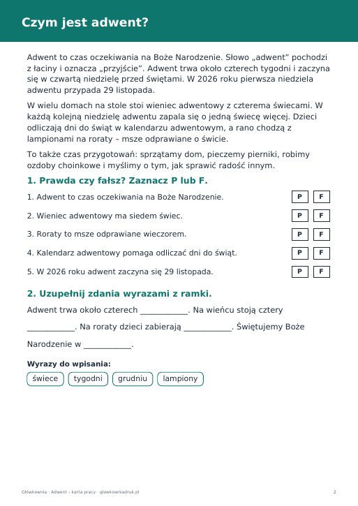 Adwent – karta pracy dla dzieci