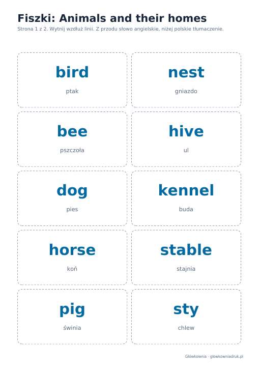 Angielski: Animals and their homes, fiszki do wycięcia