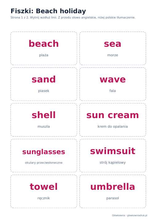 Angielski: Beach holiday, fiszki do wycięcia