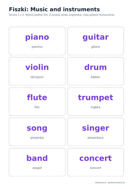 Angielski: Music and instruments, fiszki do wycięcia