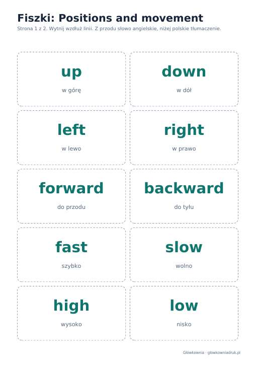 Angielski: Positions and movement, fiszki do wycięcia