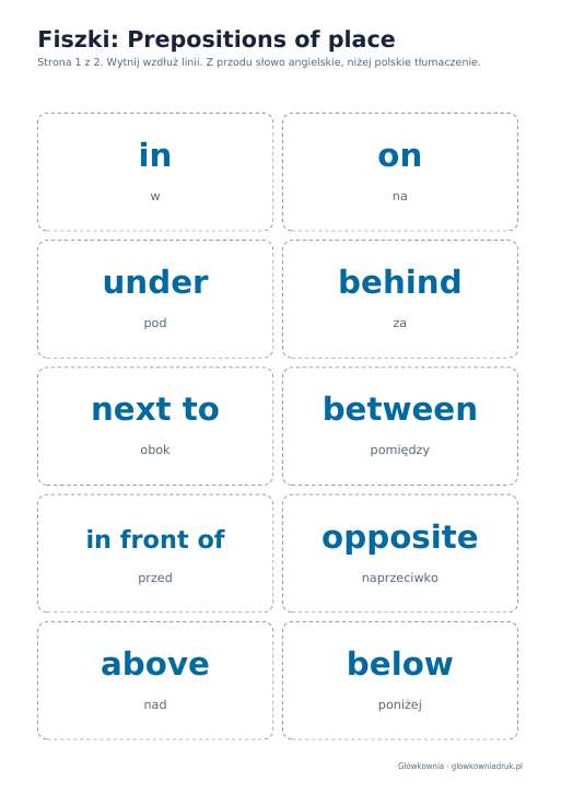 Angielski: Prepositions of place, fiszki do wycięcia