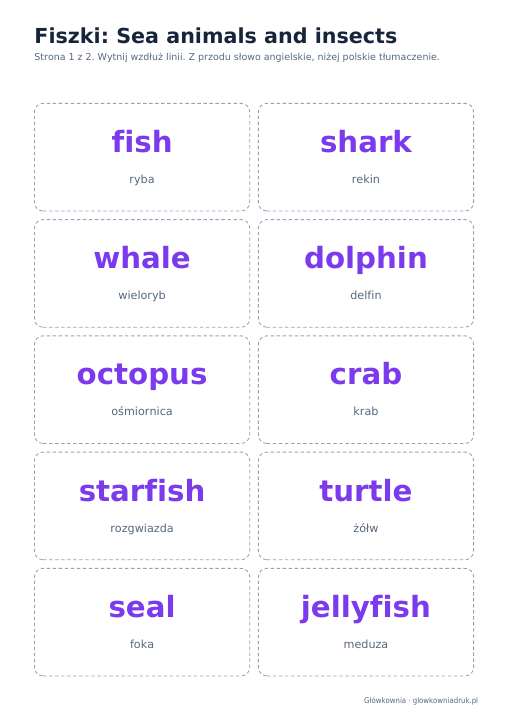 Angielski: Sea animals and insects, fiszki do wycięcia