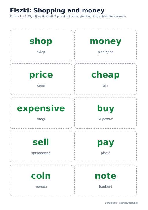 Angielski: Shopping and money, fiszki do wycięcia