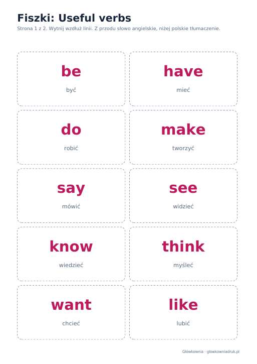 Angielski: Useful verbs, fiszki do wycięcia