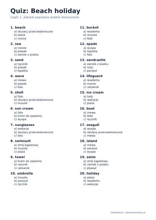 Angielski: quiz ze słówek, Beach holiday