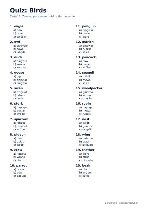 Angielski: quiz ze słówek, Birds