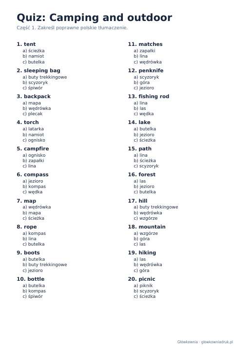 Angielski: quiz ze słówek, Camping and outdoor