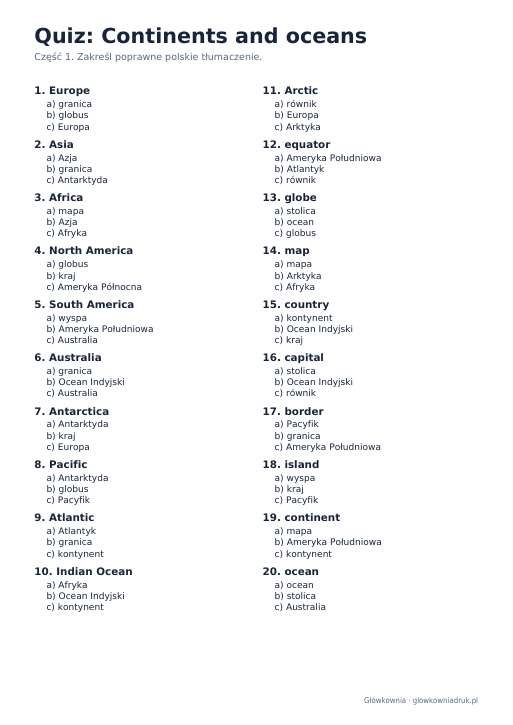 Angielski: quiz ze słówek, Continents and oceans