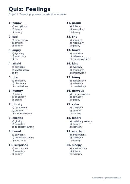 Angielski: quiz ze słówek, Feelings