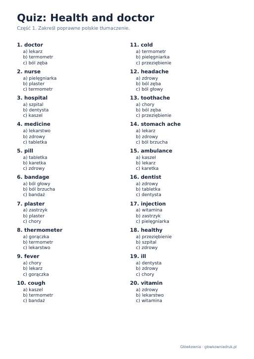 Angielski: quiz ze słówek, Health and doctor