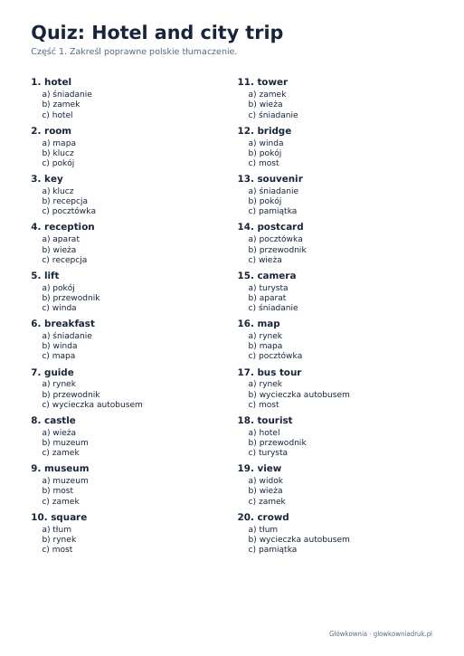 Angielski: quiz ze słówek, Hotel and city trip