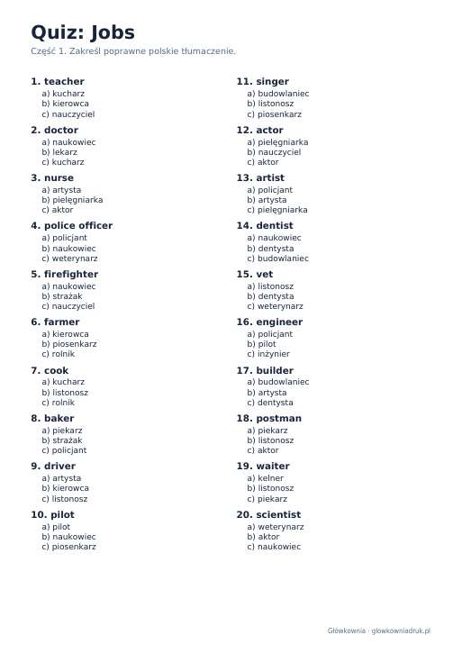 Angielski: quiz ze słówek, Jobs