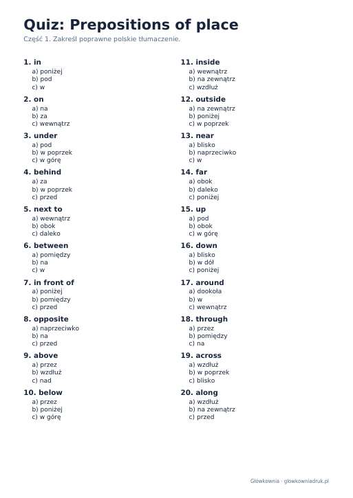 Angielski: quiz ze słówek, Prepositions of place