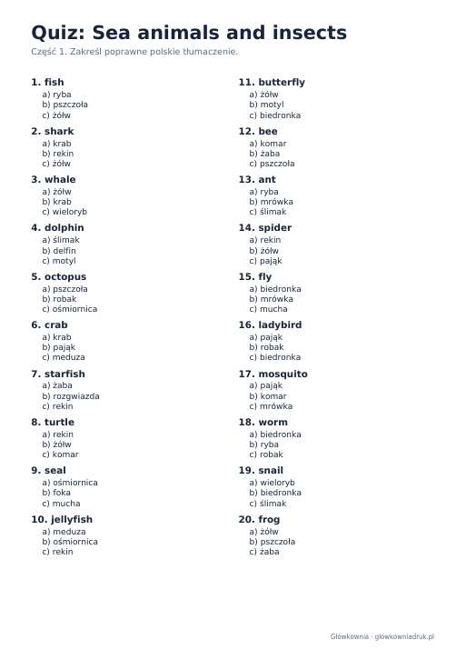 Angielski: quiz ze słówek, Sea animals and insects