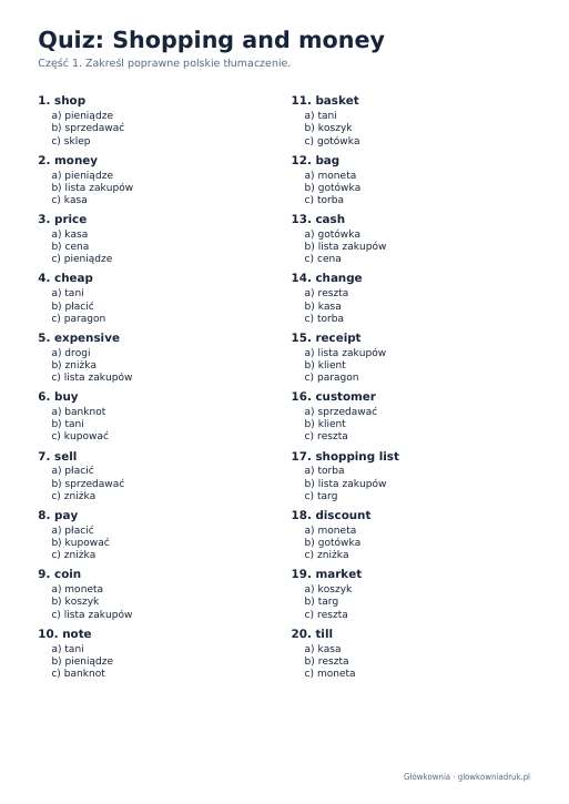 Angielski: quiz ze słówek, Shopping and money