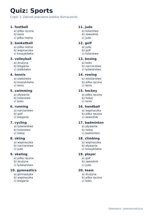 Angielski: quiz ze słówek, Sports
