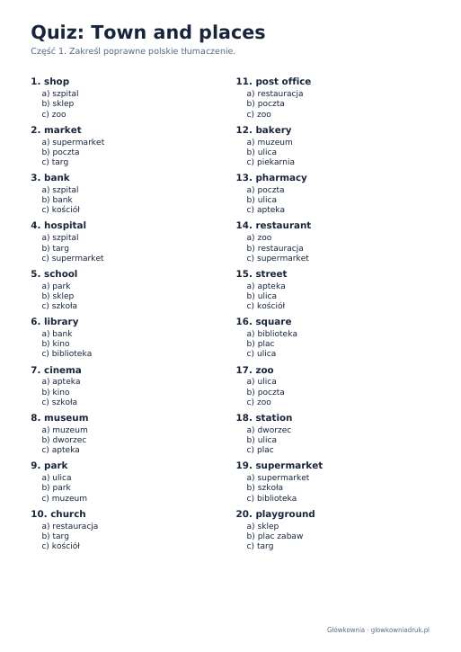 Angielski: quiz ze słówek, Town and places