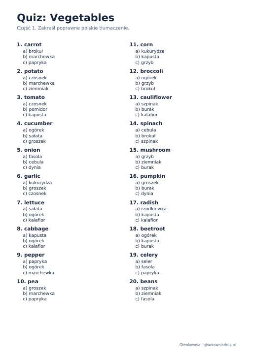 Angielski: quiz ze słówek, Vegetables