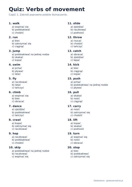 Angielski: quiz ze słówek, Verbs of movement