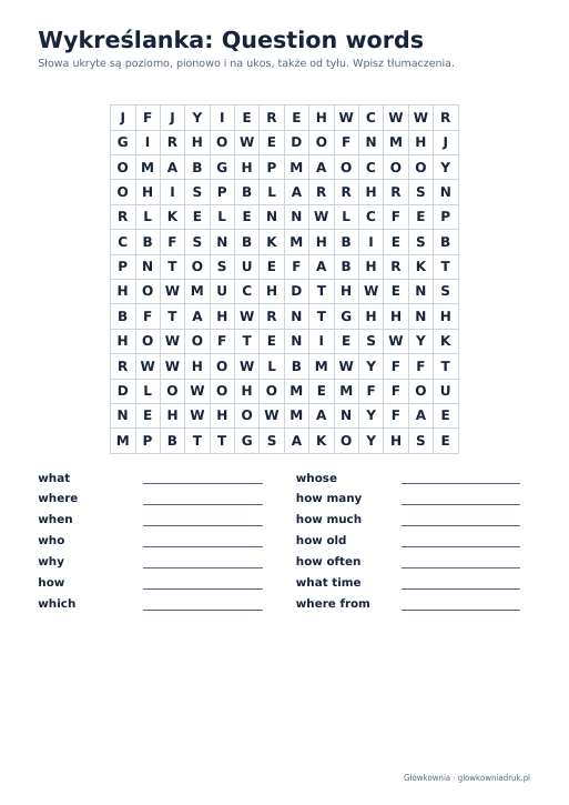 Angielski: wykreślanka Question words