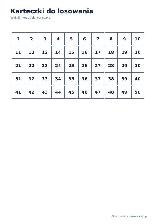 Bingo liczbowe 1–50 do druku, zestaw 2