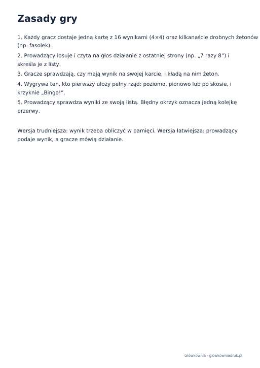 Bingo mnożenia: 8 kart i lista pytań