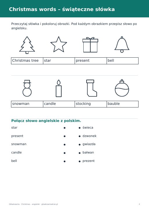 Podgląd: Christmas – karta pracy z angielskiego dla klas 1–3