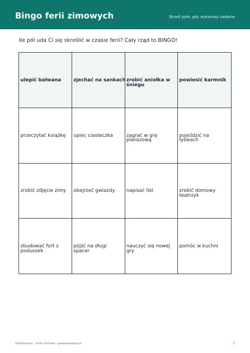 Ferie zimowe – bingo, plan i dziennik