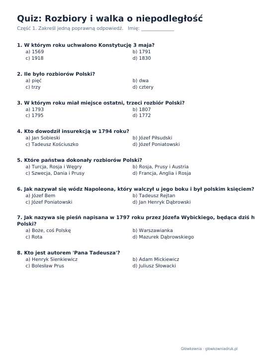 Quiz historyczny: Rozbiory i walka o niepodległość