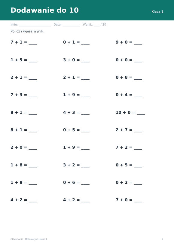 Karty pracy z matematyki, klasa 1