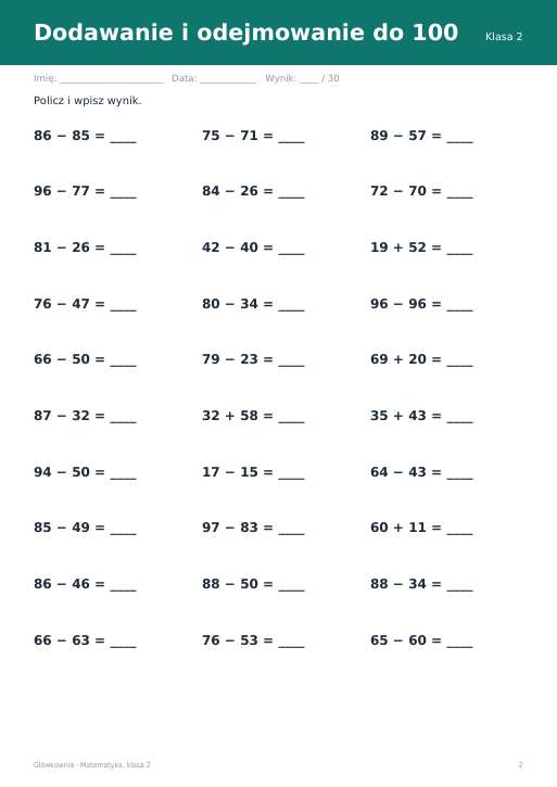 Karty pracy z matematyki, klasa 2