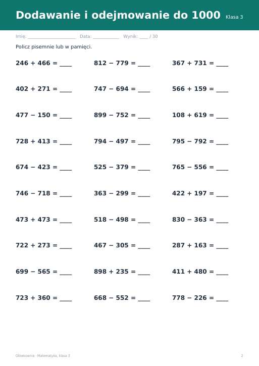Karty pracy z matematyki, klasa 3