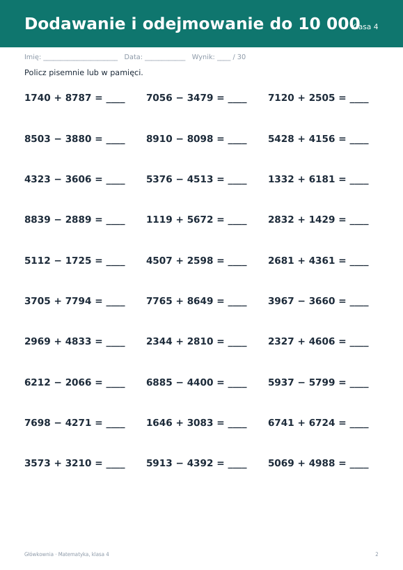 Podgląd: Karty pracy z matematyki, klasa 4