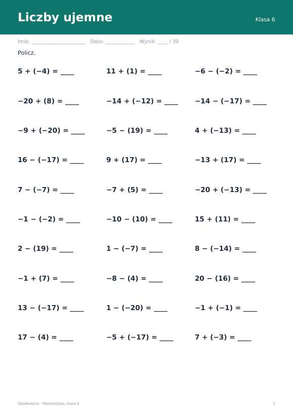 Karty pracy z matematyki, klasa 6