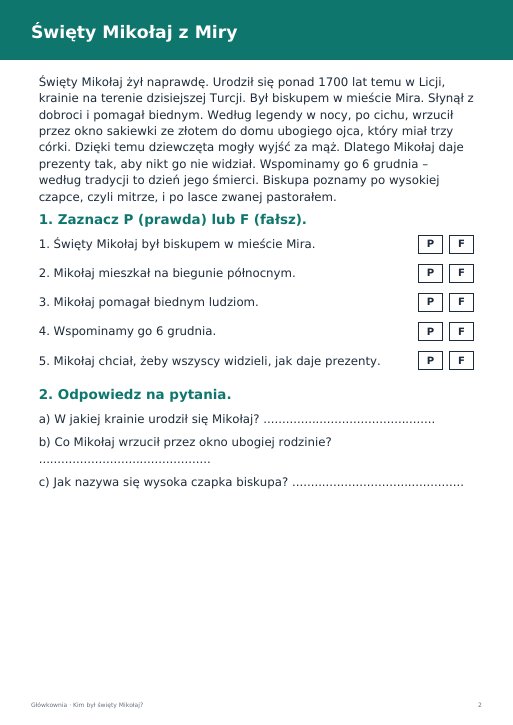 Kim był święty Mikołaj? Karta pracy