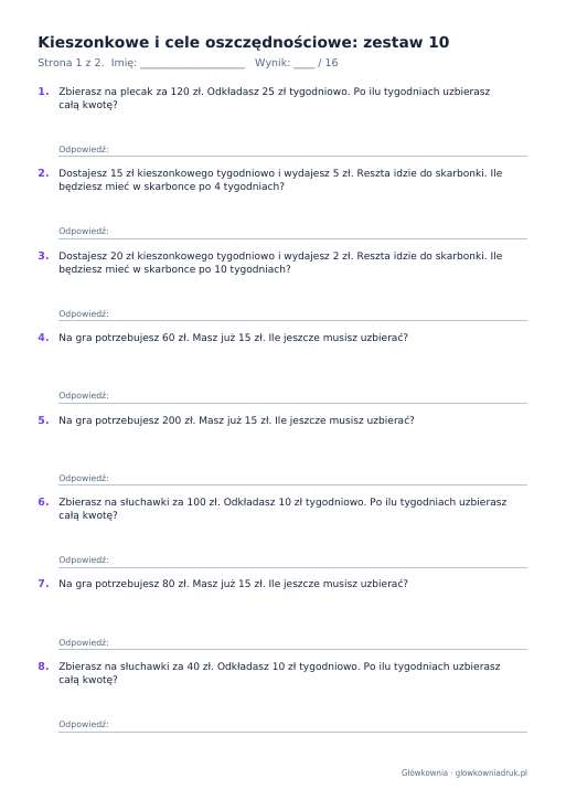 Kieszonkowe i cele oszczędnościowe: zestaw 10