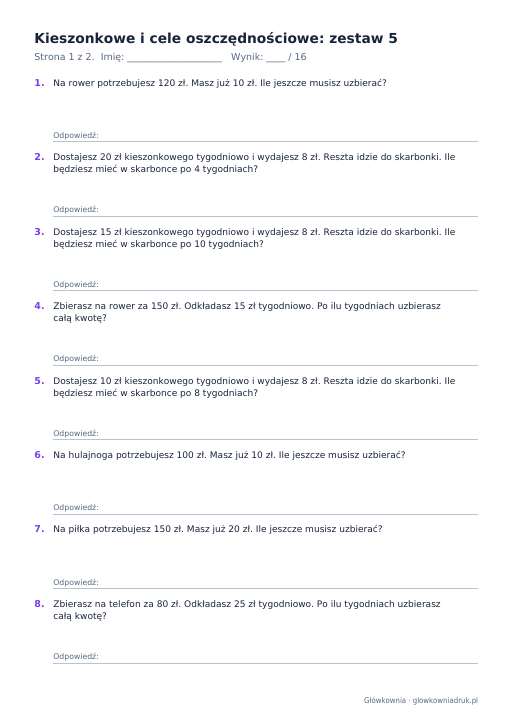 Kieszonkowe i cele oszczędnościowe: zestaw 5