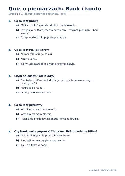 Quiz o pieniądzach: Bank i konto