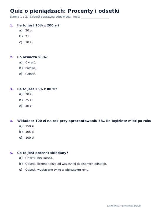 Quiz o pieniądzach: Procenty i odsetki