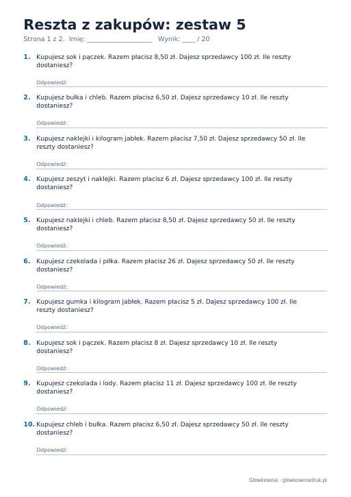 Reszta z zakupów: zestaw 5