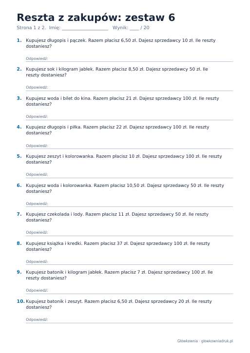 Reszta z zakupów: zestaw 6