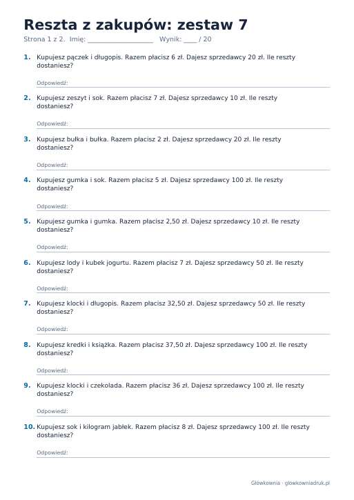 Reszta z zakupów: zestaw 7
