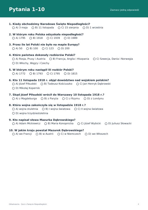 Quiz o Święcie Niepodległości