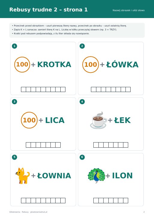 Rebusy dla dzieci – trudne, zestaw 2
