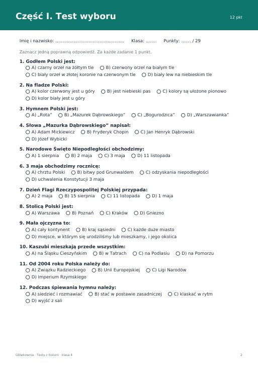 Test: Ojczyzna i symbole narodowe (klasa 4)