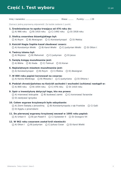 Test: Początki średniowiecza (klasa 5)