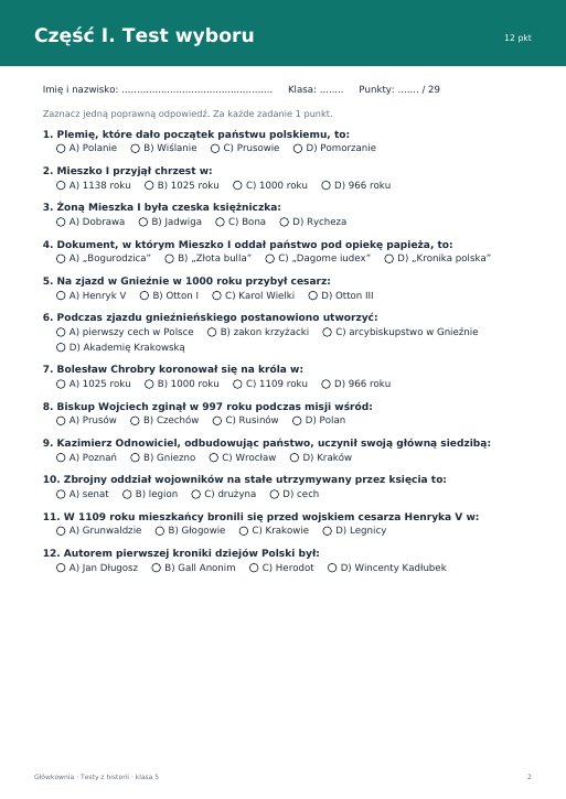Test: Polska pierwszych Piastów (klasa 5)