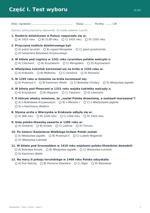 Test: Polska w XIII–XV wieku (klasa 5)