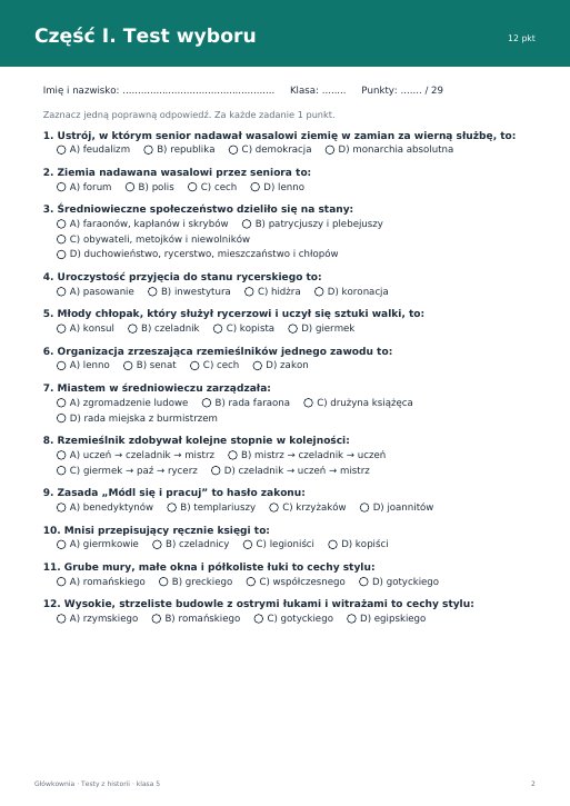 Test: Społeczeństwo średniowiecza (klasa 5)